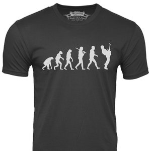 Graphic t-shirt with an evolution image from ape to guitar player image on chest area short sleeve black man shirt with light grey image of a guitar player evolution musician man Tshirt