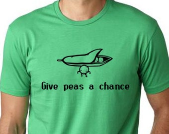 Give peas a chance Vegetarian T shirt screenprinted humor Tee gift for vegetarian vegan pun tee peace