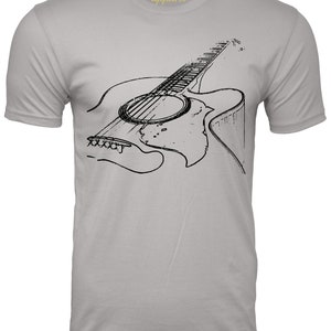 Graphic t-shirt with an acoustic guitar image on chest area short sleeve light gray man shirt with black image of a guitar musician man Tshirt