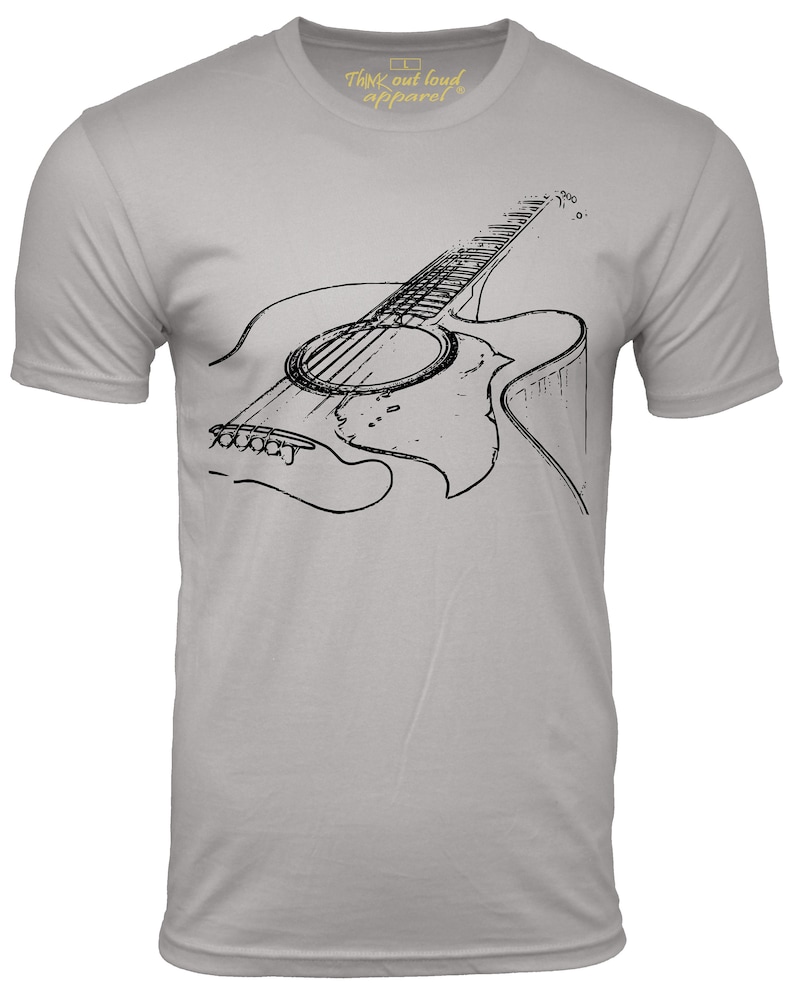 Graphic t-shirt with an acoustic guitar image on chest area short sleeve light gray man shirt with black image of a guitar musician man Tshirt