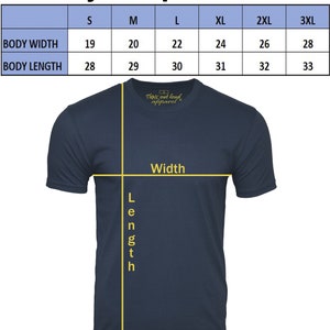 May include: Size chart for a t-shirt with measurements in inches for body width and length. The chart shows sizes from S to 3XL.