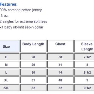 May include: A white chart with size measurements for a garment. The chart includes sizes S to 2XL, body length in inches from 28 to 32, chest measurements from 38 to 52 inches, and sleeve lengths from 7 1/2 to 9 1/2 inches.
