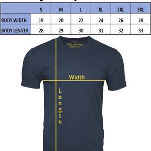 May include: Size chart for a t-shirt with measurements in inches for body width and length. The chart shows sizes from S to 3XL.
