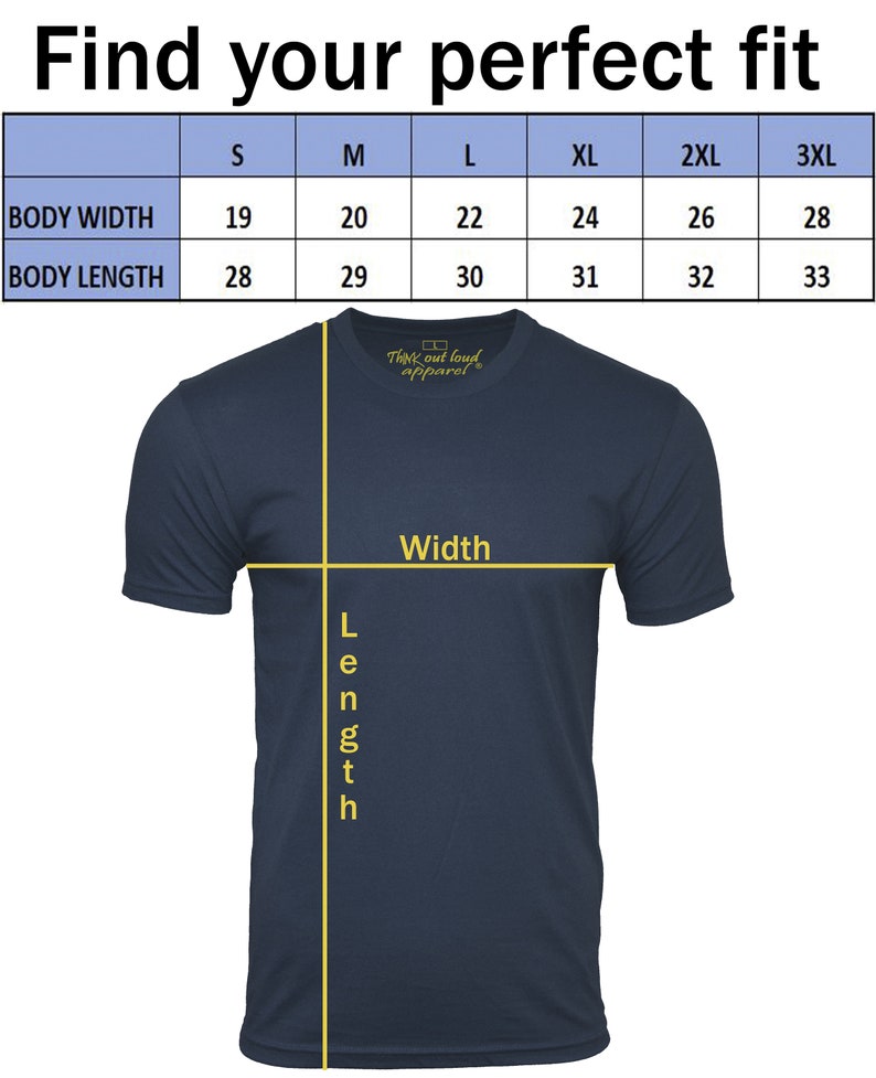 May include: Size chart for a t-shirt with measurements in inches for body width and length. The chart shows sizes from S to 3XL.