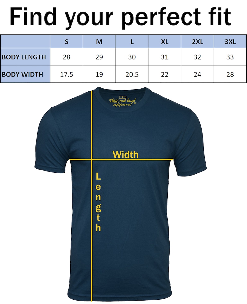 Puede incluir: Tabla de tallas para una camiseta con medidas en pulgadas para la longitud y el ancho del cuerpo. La tabla muestra las tallas de la S a la 3XL. El texto "Think out loud apparel" est&aacute; en la esquina superior derecha de la tabla.