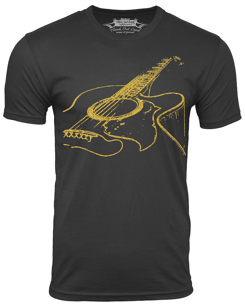 Graphic t-shirt with an acoustic guitar image on chest area short sleeve black man shirt with gold image of a guitar musician man Tshirt