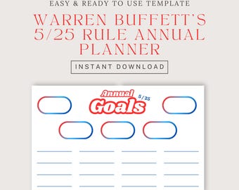 Planificador Warren Buffett 5/25 (PDF), Planificador digital para establecer objetivos, Cuaderno de trabajo de productividad y concentración, Planificador de concentración A4