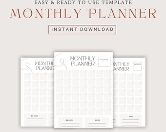Planificador mensual minimalista (PDF), organizador mensual imprimible, plan mensual (PDF) A4, calendario mensual sin fecha, planificador todo en uno