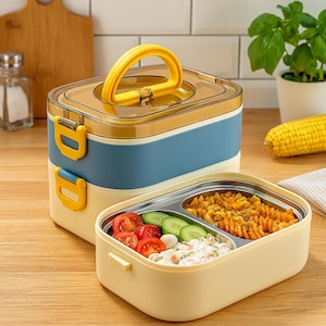 Peut inclure: Une boîte à lunch rectangulaire à deux étages avec une base crème, une section centrale bleue et un couvercle marron translucide doté d'une poignée jaune vif. L'étage supérieur est ouvert, révélant un plateau en inox rempli de pâtes et salade.