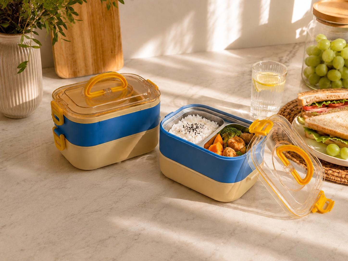 Two Compartment Stainless Steel Bento Box, 2 Tier 1300ml Lunch Container, Portable School Picnic