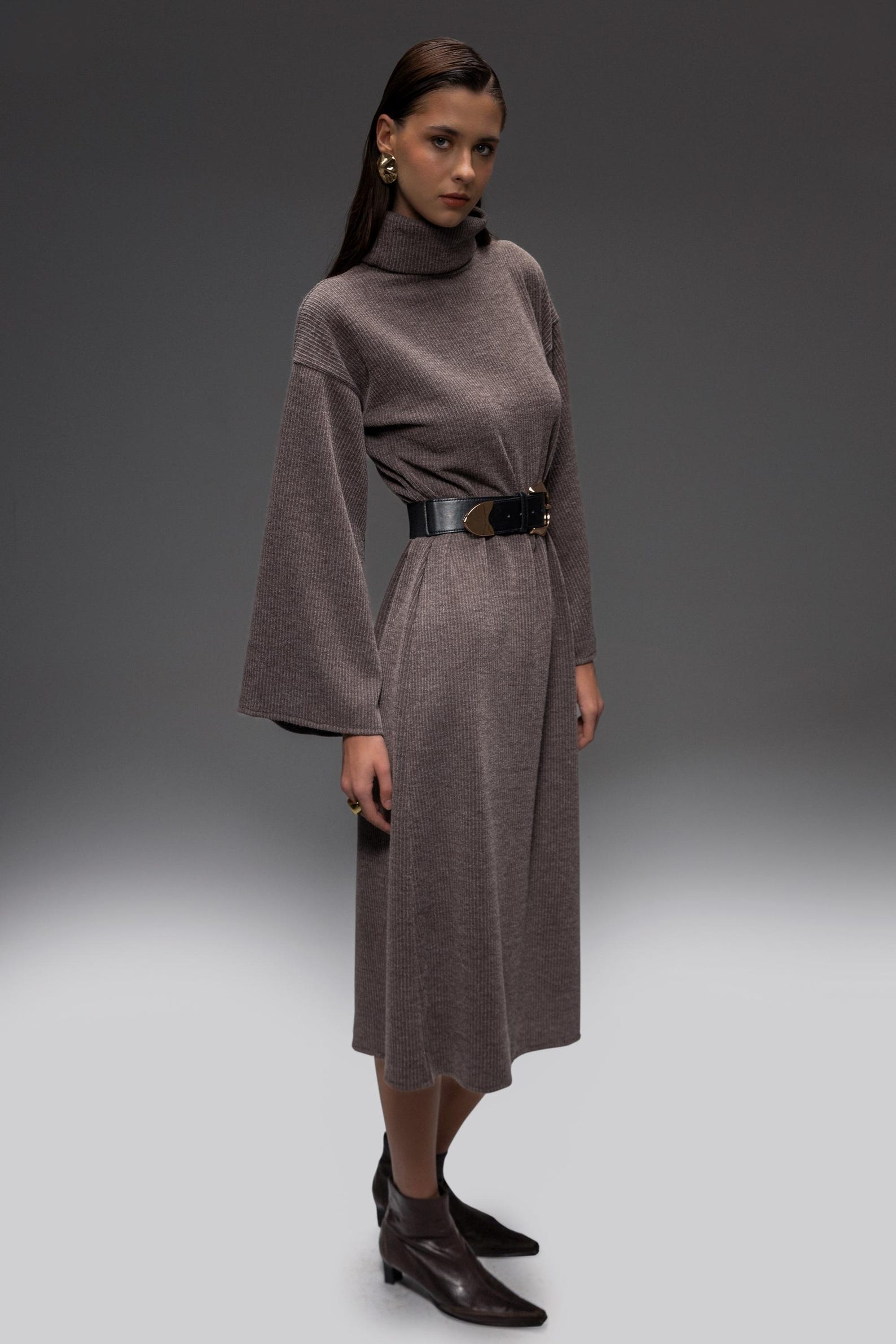 Emily Long Sleeve Turtle Neck Dress - Grey
