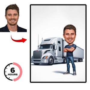 Gepersonaliseerde vrachtwagenchauffeur cartoonportret, aangepaste karikatuur tekening vrachtwagenchauffeur van foto, grappige vrachtwagenchauffeur, cadeau voor vrachtwagenchauffeur