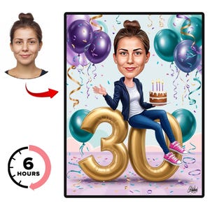Retrato de desenho animado personalizado de 30 anos, caricatura de 30 anos, desenho de caricatura de feliz aniversário personalizado, desenho animado de 30 anos, caricatura de aniversário