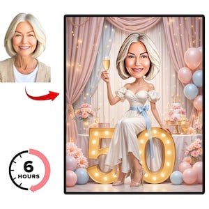 Custom 50th Birthday Cartoon Portrait, Personalized 50th Caricature Drawing, Happy 50th Birthday Cartoon Illustration