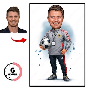 Footballer Coach Caricature, Football Cartoon Portrait, Gift for him, Soccer Cartoon, Funny football Gift, Caricature from Photo, Any team