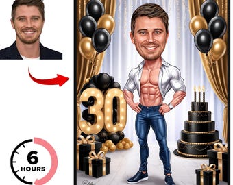Custom 30th Birthday Caricature from Photo, Custom Birthday Cartoon Portrait, Unique Happy 30th Birthday Gift For Him