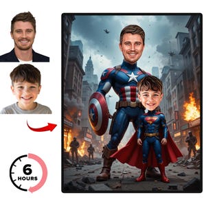 Kundenspezifisches Familien-Superheld-Karikatur-Porträt, Geschenke für Vati, Superheld-Vati-Karikatur-Zeichnung vom Foto, Superheld-Karikatur für den Vatertag
