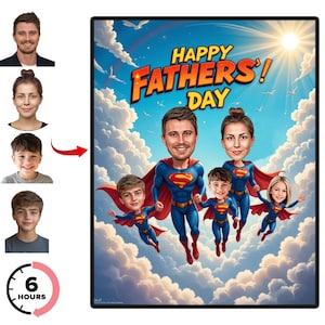 Custom Family Superhero Cartoon Portrait, Gifts for Dad, Superhero Dad Caricature Drawing from Photo, Superheroes Cartoon for Father's Day
