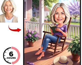 Custom Reading Caricature Portrait, Relaxed Porch Scene ,Personalized Book Lover Caricature, Custom Reading Caricature,Cozy Book Lover Gift