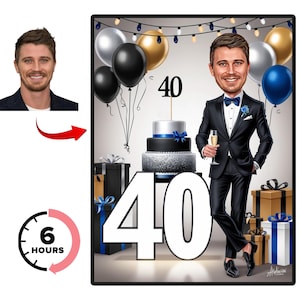 Retrato de caricatura de hombre de 40 años personalizado, caricatura de 40 cumpleaños, caricatura de cumpleaños, regalo de cumpleaños personalizado, cumpleaños de hombre, arte de regalo divertido