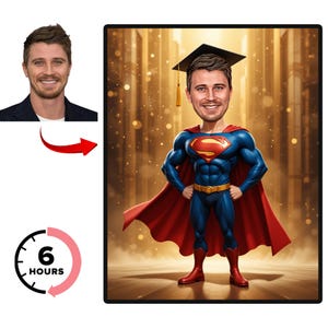 Benutzerdefinierte Graduierung Superheld Karikatur Porträt, kundenspezifische Superheld-Karikatur Zeichnung vom Foto, lustige Superheld-Karikatur, Geschenk-Superheld