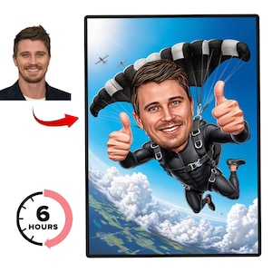 Custom Skydiver Cartoon Portrait, Custom Skydiver Caricature Drawing from Photo, Funny Skydiver Caricature, Gift for Skydiver