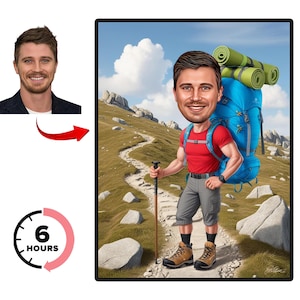 Retrato de senderismo personalizado, regalo para excursionistas, caricatura de senderismo, caricatura divertida de excursionista, excursionista personalizado