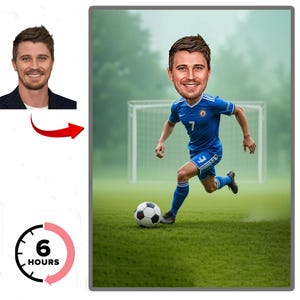 Ritratto di un calciatore personalizzato, caricatura di un calciatore personalizzata da foto, divertente caricatura di un calciatore da regalare a lui.