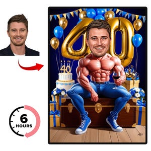 Caricature personnalisée pour 40e anniversaire à partir de photos, cadeau portrait de dessin animé joyeux anniversaire, joyeux 40e anniversaire, caricature à partir de votre photo