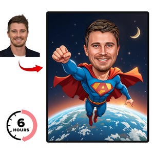 Personalisiertes Superheld-Karikaturporträt, benutzerdefinierte Superheld-Karikaturzeichnung vom Foto, lustige Superheld-Karikatur, Überraschungsgeschenk für Papa