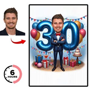 Retrato de dibujos animados masculino personalizado, divertido regalo de cumpleaños para él, obra de arte única para celebración del 30.º aniversario, regalo de cumpleaños digital único para él.