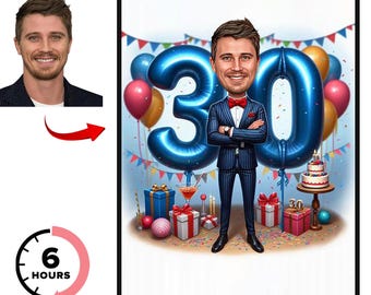 Personalized Male Cartoon Portrait, Funny Birthday Gift for Him, Unique 30th Celebration Artwork, Unique Digital  Birthday Gift for Him.