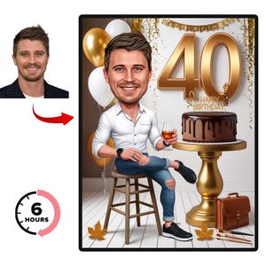 Personalisiertes männliches Cartoon-Porträt, lustiges Geburtstagsgeschenk für ihn, einzigartiges Kunstwerk zum 40