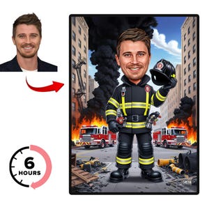 Benutzerdefinierte Feuerwehrmann Cartoon Portrait, Feuerwehrmann Karikatur vom Foto, Feuerwehrmann Geschenk, Karikatur Portrait, personalisiertes Geschenk, Superheld