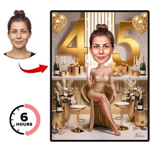 Gepersonaliseerd 45e cartoonportret, aangepaste karikatuurtekening gelukkige verjaardag, grappige karikatuur, vrouw kunst, gelukkige verjaardag 40e 60e 50e.