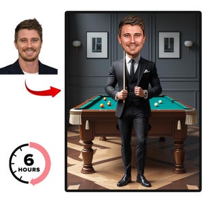 Aangepaste biljartkarikatuur, gepersonaliseerd portret poolspeler, grappig snookercadeau voor hem, karikatuur van foto, elegante gameroomkunst