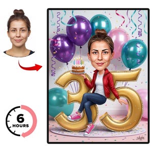 Retrato personalizado de caricatura de 35 años, caricatura de 35 años, dibujo de caricatura de feliz cumpleaños personalizado, caricatura de 35 años, caricatura de cumpleaños