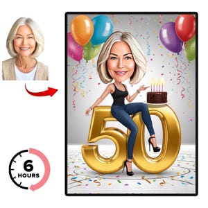 Aangepaste 50e vrouw cartoonportret | Karikatuur 50e verjaardag | Verjaardagscartoon | Gepersonaliseerd verjaardagscadeau | Verjaardag vrouw | Grappig cadeau