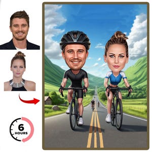 Custom Cycling Couple Caricature: Personalized Bike Portrait (Digital Art)