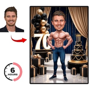 Caricatura personalizzata per il 70° compleanno da foto, ritratto di compleanno personalizzato, regalo unico per il 70° compleanno per lui
