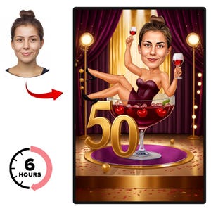 Caricatura personalizada de 50 cumpleaños a partir de una foto, retrato de dibujos animados de cumpleaños personalizado, regalo único de feliz 50 cumpleaños para ella