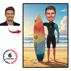 Custom Surfing Caricature, Personalized Surfer Portrait from Photo, Beach Summer Gift for Him, Fun Ocean Art, Gift for Male Surfer