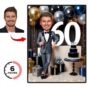 Retrato de caricatura de hombre de 60 años personalizado / Caricatura de cumpleaños de 60 años / Caricatura de cumpleaños / Regalo de cumpleaños personalizado / Cumpleaños de hombre / Regalo divertido