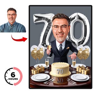 Caricatura personalizada de 70 cumpleaños, caricatura de cumpleaños, regalo de cumpleaños de caricatura para hombre, esposo, a partir de foto, regalo de caricatura de aniversario
