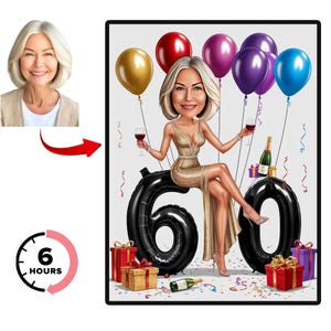 Retrato de mulher personalizado de 60 anos, desenho de caricatura de feliz aniversário personalizado, caricatura engraçada, aniversário de mulher, feliz 40º, 50º, 30º.