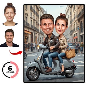 Custom Scooter Couple Portrait | Custom Vespa Caricature | Vespa | Personalized Scooter Caricature | Gift for Vespa Lovers | Lambretta