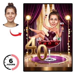 Caricatura personalizada de 40 cumpleaños a partir de una foto, retrato de dibujos animados de cumpleaños personalizado, regalo único de feliz 40 cumpleaños para ella