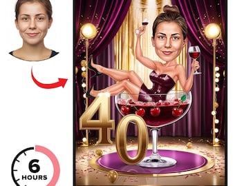Personalised 40th Birthday Caricature from Photo, Custom Birthday Cartoon Portrait, Unique Happy 40th Birthday Gift For Her