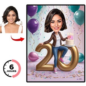 Aangepaste 20e cartoon portret, 20e karikatuur, gepersonaliseerde Happy Birthday karikatuur tekening, 20e verjaardag cartoon, karikatuur verjaardag