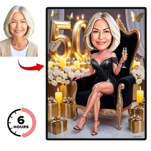 Aangepaste karikatuur van 50e verjaardag van foto, aangepaste cartoonportret verjaardag, uniek cadeau voor haar 50e verjaardag